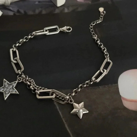 925 Sterling Silver Star Chain Link Bracelet - Picture 2 of 6